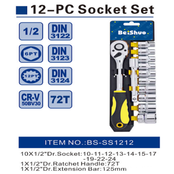 12PCS 1/2" Socket Set with Socket & Ratchet & Extension Bar